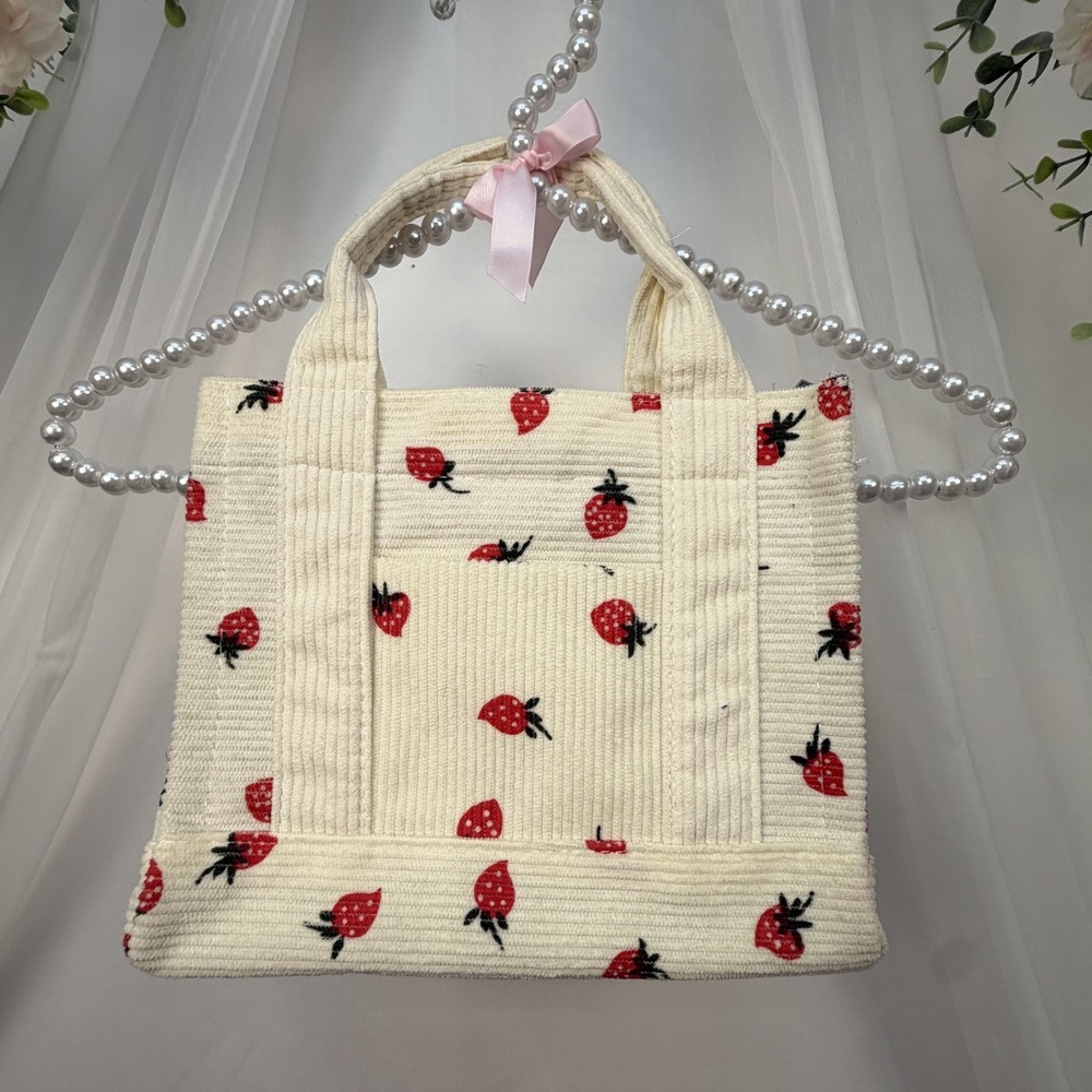 Strawberries Bag Mini Tote Purse Corduroy Front Pocket Zipper Closure